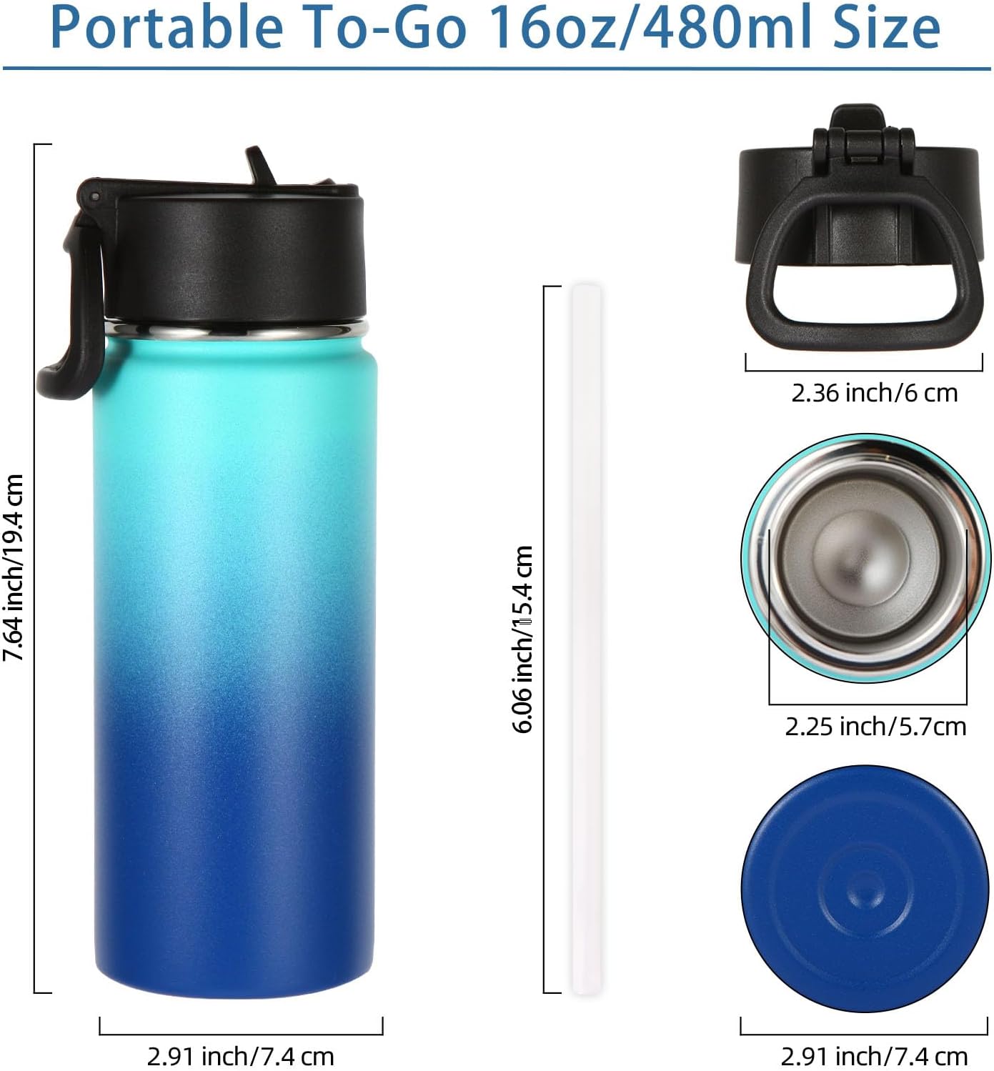 Volhoply Botella de agua aislada para niños con popote, botellas de agua fría de acero inoxidable de 16 onzas para la escuela, vasos de boca ancha