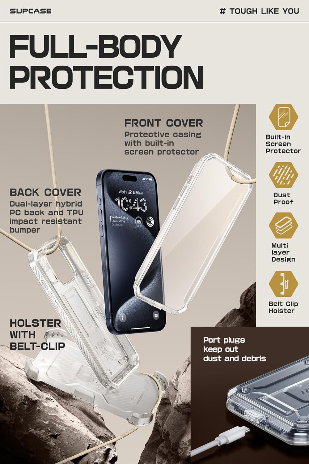 SUPCASE Funda para iPhone 15 Pro Max con protector de pantalla (Unicorn Beetle Pro), soporte integrado y clip para cinturón protección de grado