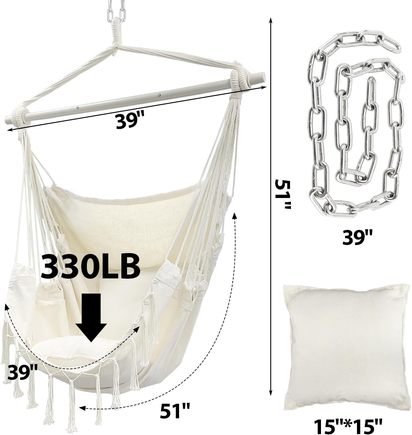 Sutekus Silla de hamaca colgante de cuerda con 2 cojines, silla hamaca colgante de cuerda con kit de accesorios de acero para patio al aire libre,