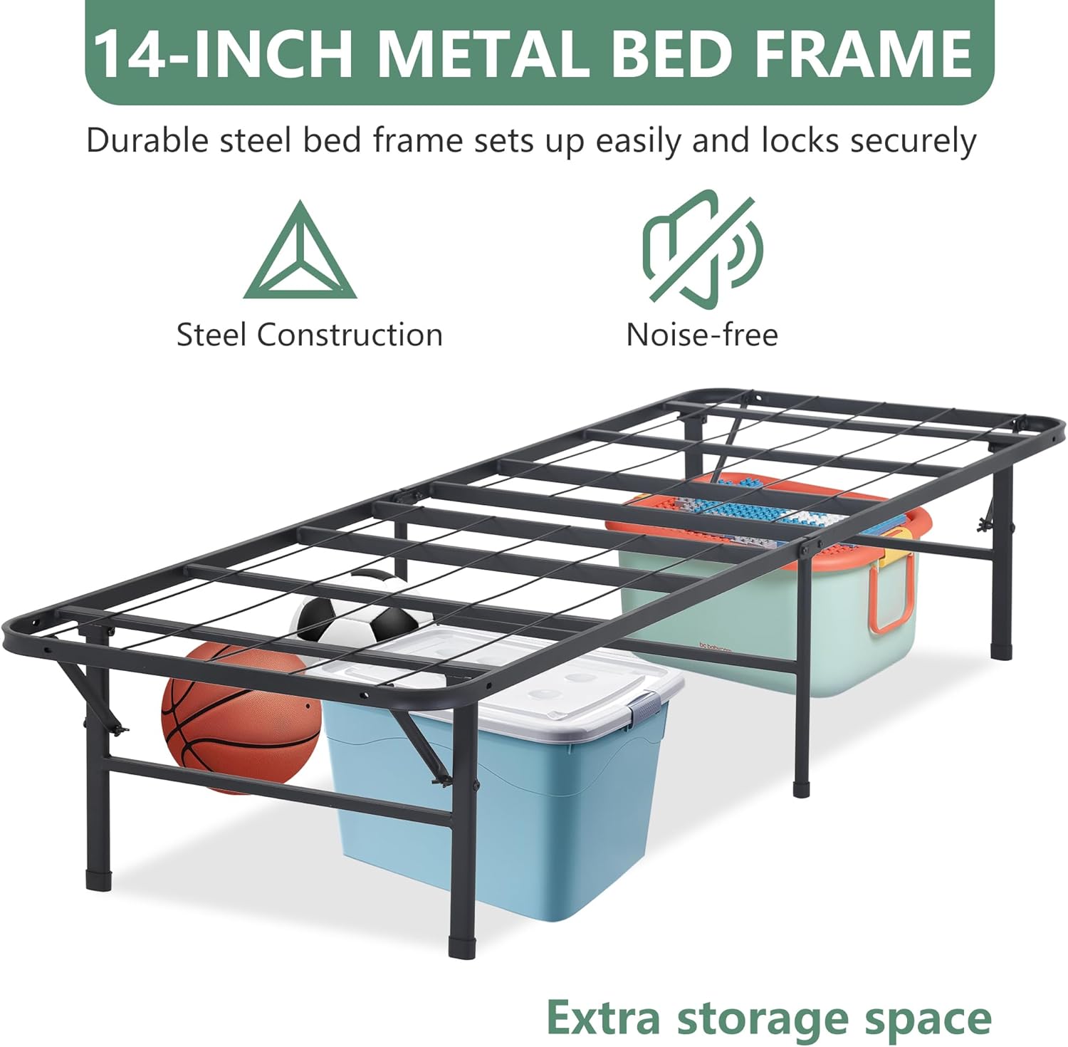 PayLessHere Marco de cama plegable de metal de 14 pulgadas, plataforma de listones de acero resistente, base de cama, base de colchón, repuesto de