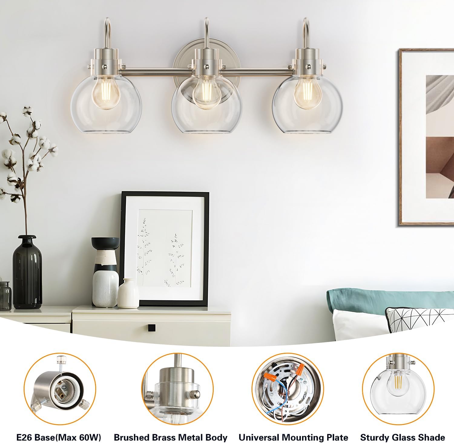 Lámpara de tocador de 3 luces, lámparas de baño de níquel cepillado, apliques de pared de granja con pantalla de vidrio transparente de globo,