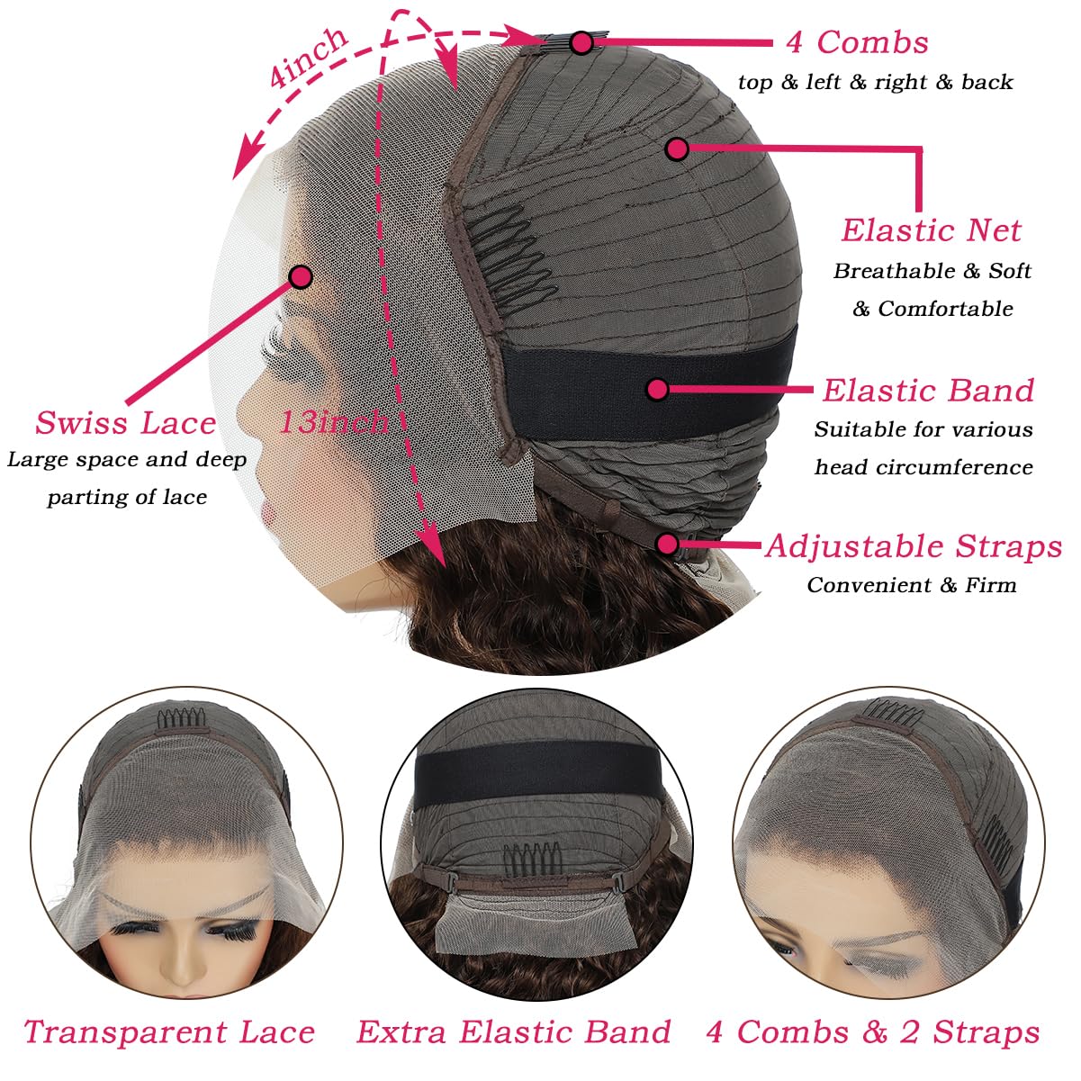 VCkiss Pelucas de cabello humano con encaje frontal color castaño chocolate, prearrancadas, 26 pulgadas, rizado, ondulado profundo, 13 x 4 HD,