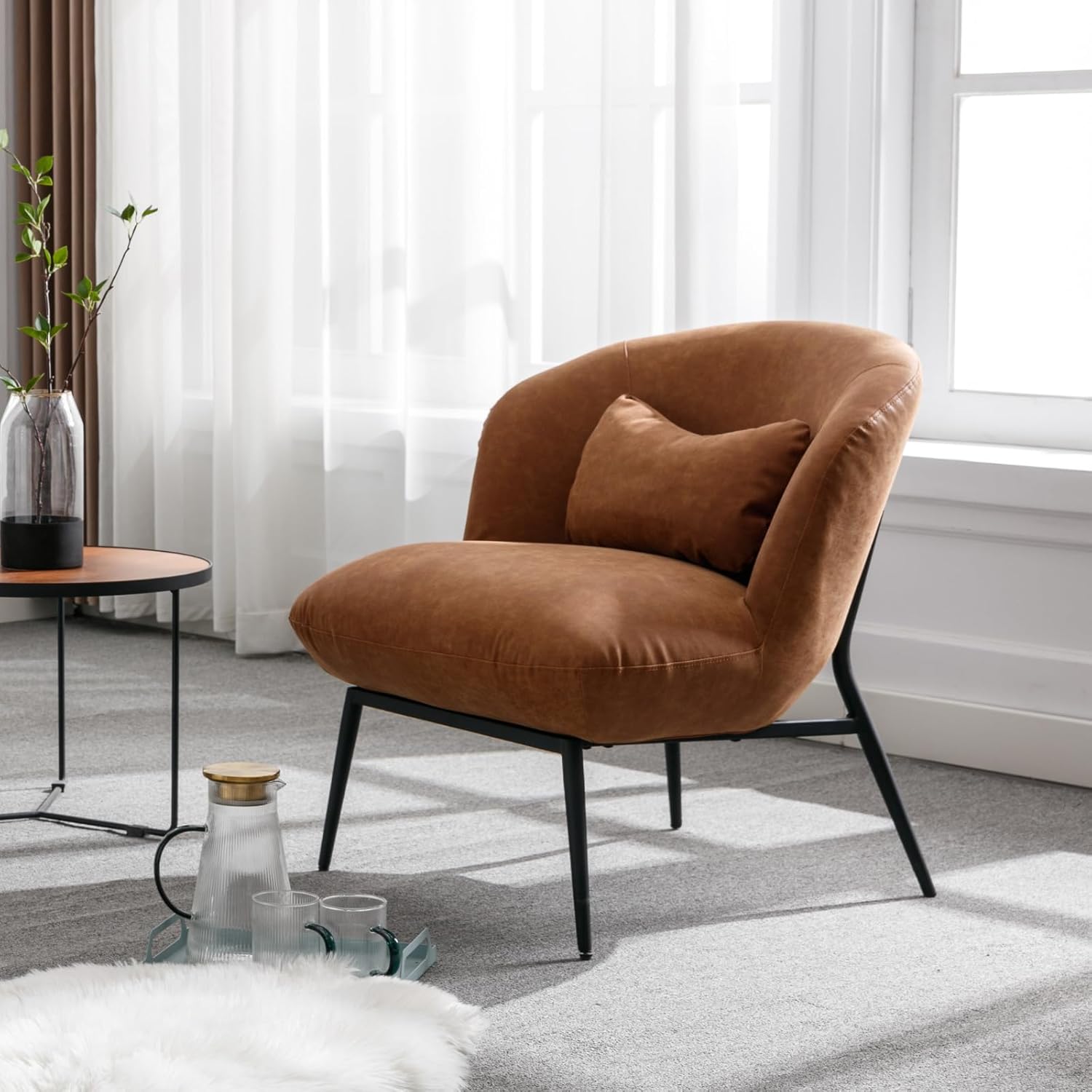 LukeAlon Sofá individual de piel sintética, moderna silla tapizada con patas de metal y almohada, bonita silla de sala de estar, silla de asiento
