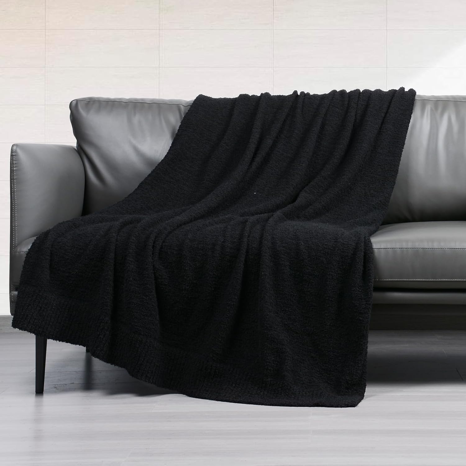 Manta de punto súper suave de 60 x 80 pulgadas, ligera, acogedora y cálida, manta gruesa y esponjosa para sofá, cama, oficina, color negro