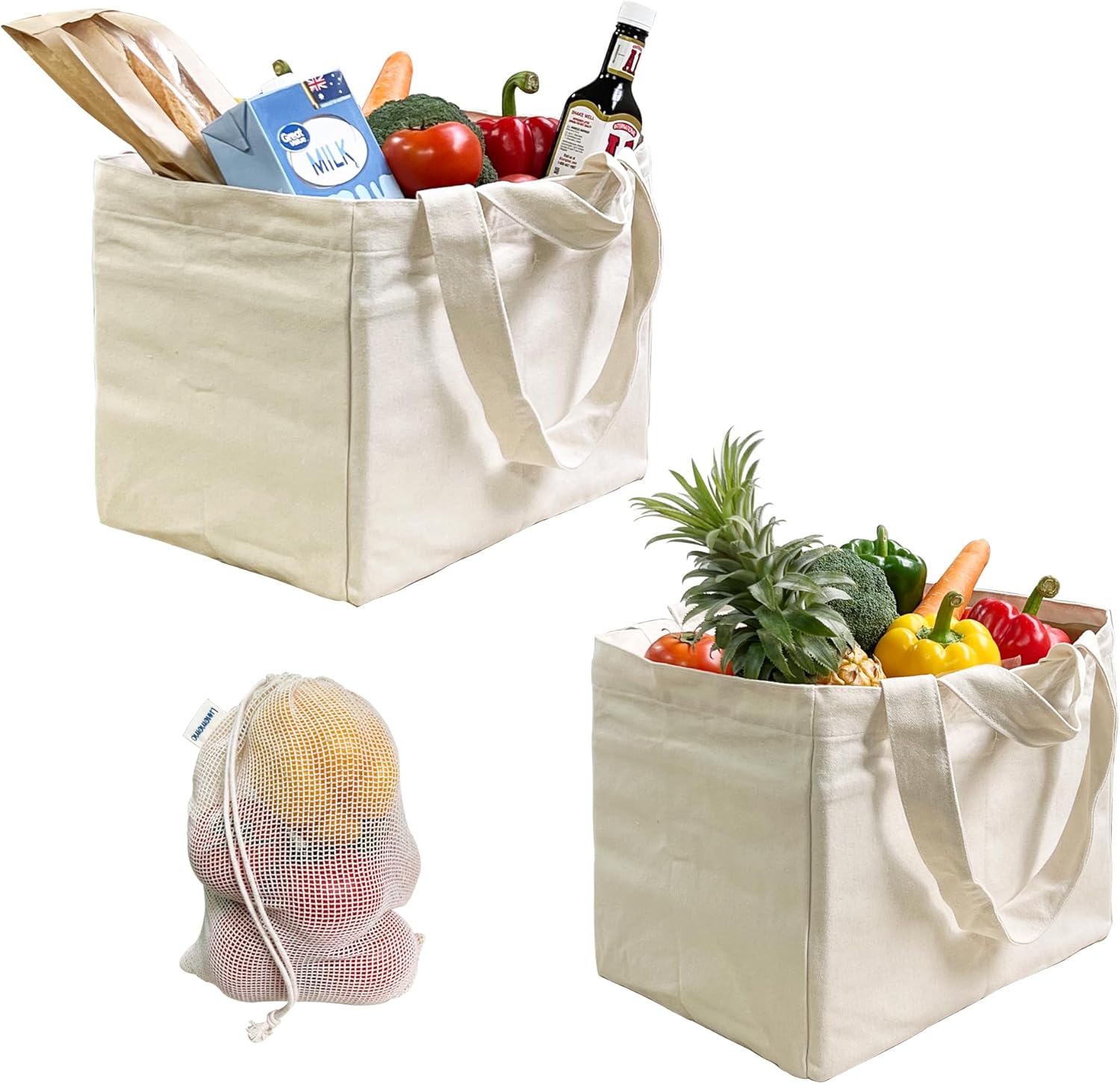 Bolsas de comestibles reutilizables, asas dobles anchas, 6 bolsillos interiores, bolsas de compras de lona, resistentes, plegables, lavables,