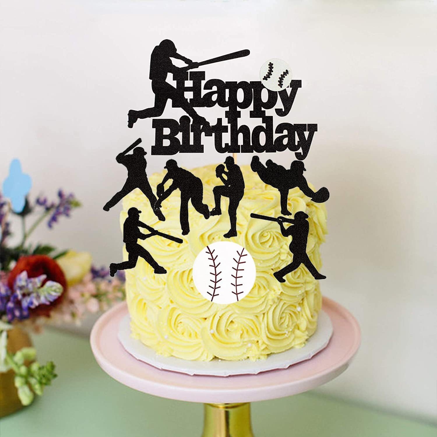 Juego de 8 decoraciones de pastel de béisbol con texto en inglés “Happy Birthday”, decoración de pastel de béisbol y softbol para temática