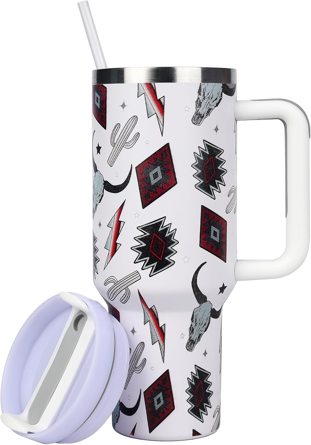 Atzec – Vaso aislado de 40 onzas con tapa y popotes, vaso de café de acero inoxidable con asa, doble vacío a prueba de fugas, taza de café, botella