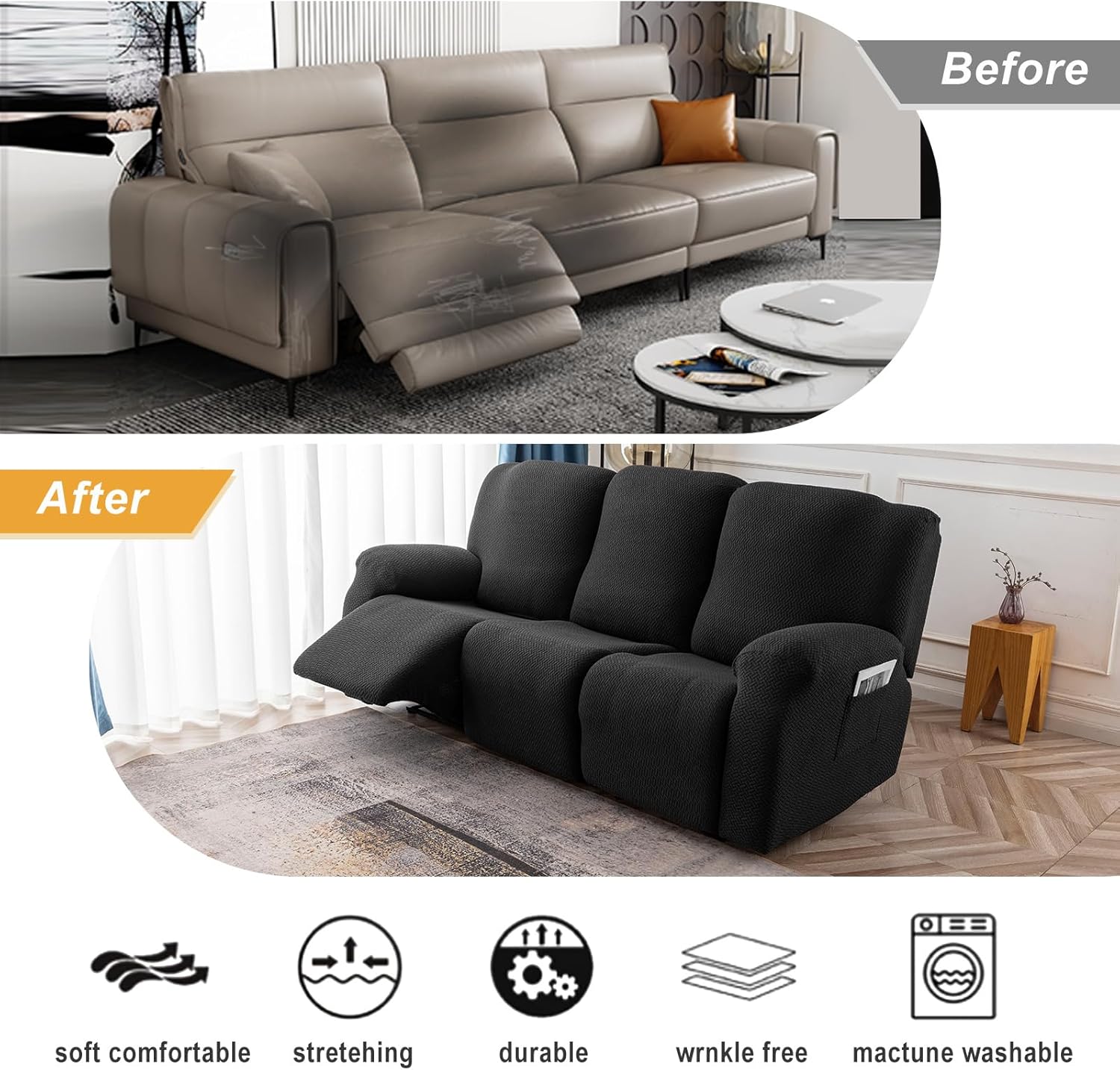 Genina Funda reclinable elástica para sofá reclinable, funda de sofá para sofá reclinable, protector de muebles de jacquard grueso, lavable (negro,