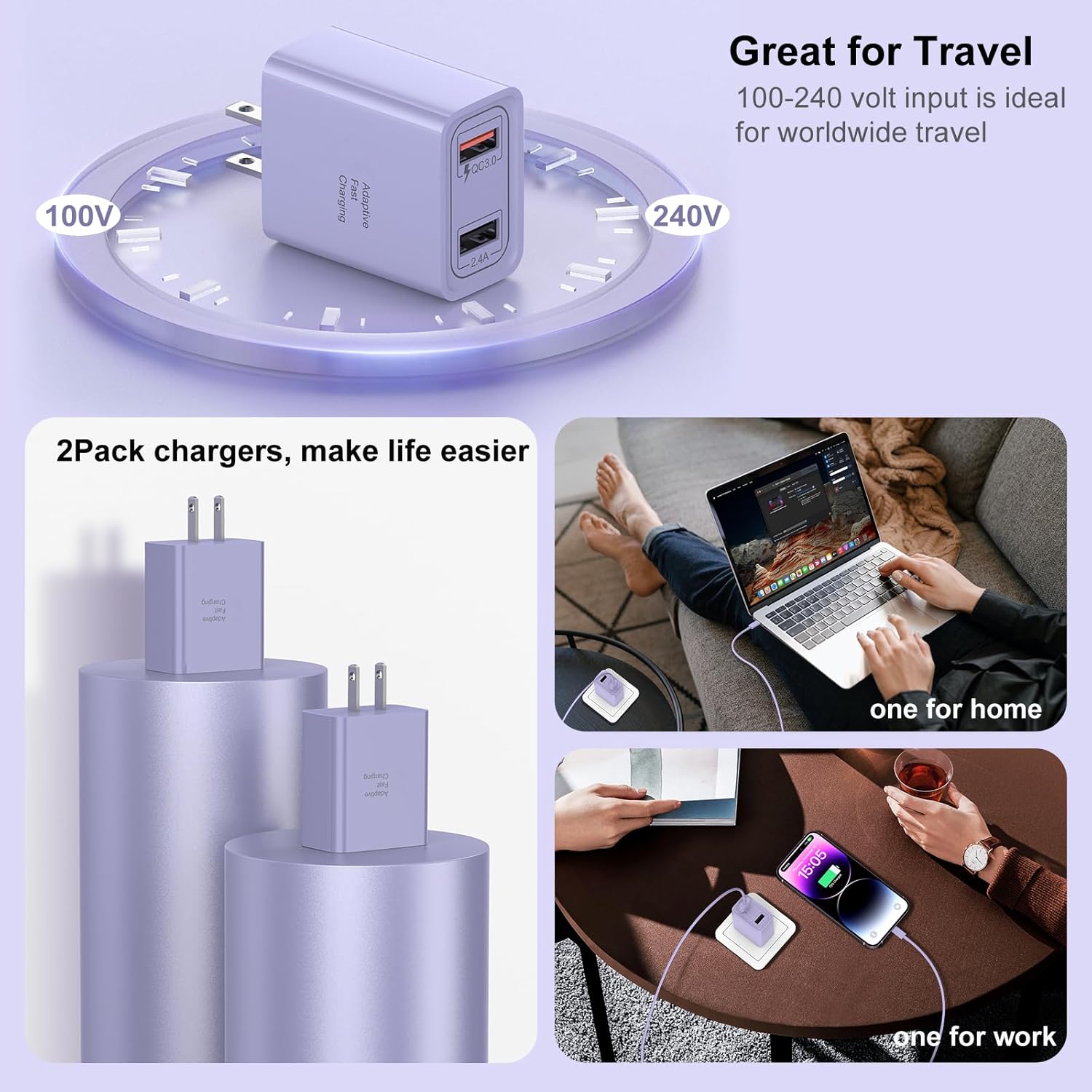 Paquete de 4 Cargador de pared USB-C, adaptador de corriente QC 3.0 de doble puerto duradero de 30 W, bloque de carga de doble enchufe rápido