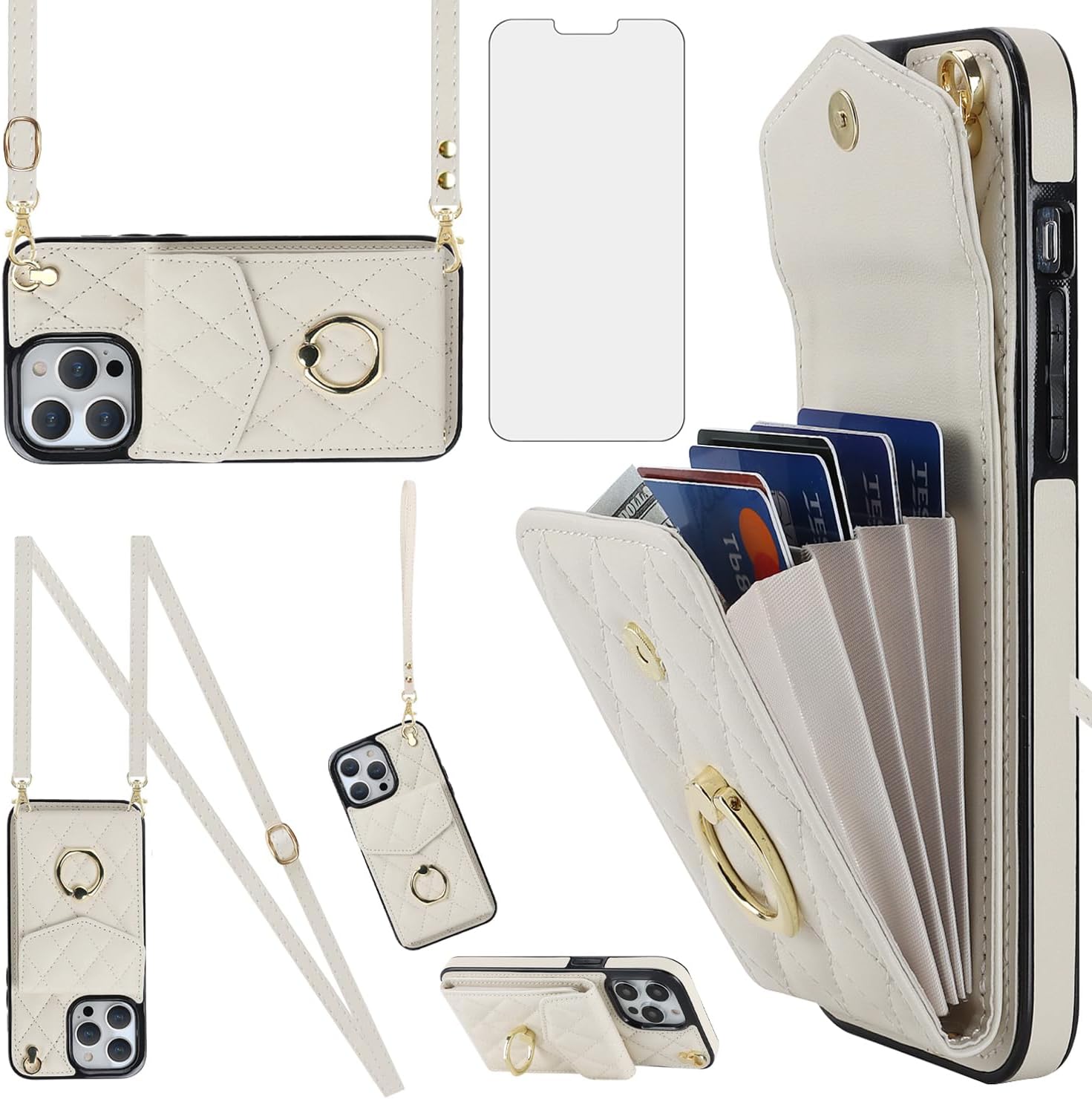 Asuwish Funda de teléfono para iPhone 13 Pro de 6.1 pulgadas, funda tipo cartera con protector de pantalla de vidrio templado y anillo con bloqueo