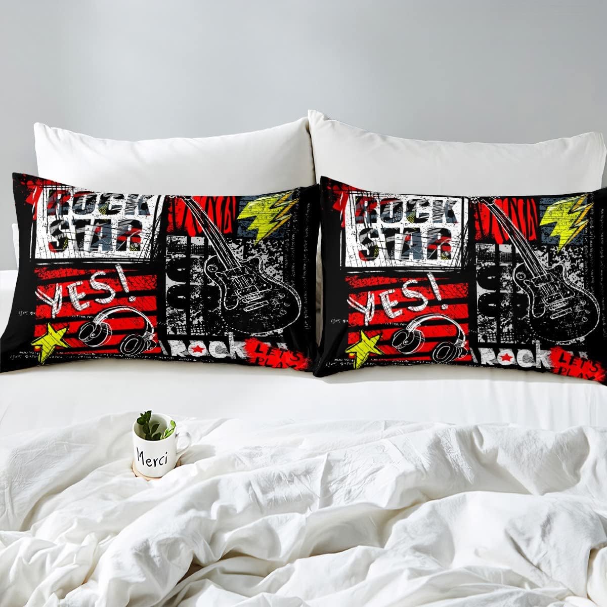 Manfei Juego de funda de edredón con diseño de rock roll, juego de ropa de cama de 3 piezas con estampado de auriculares y guitarra, para decoración