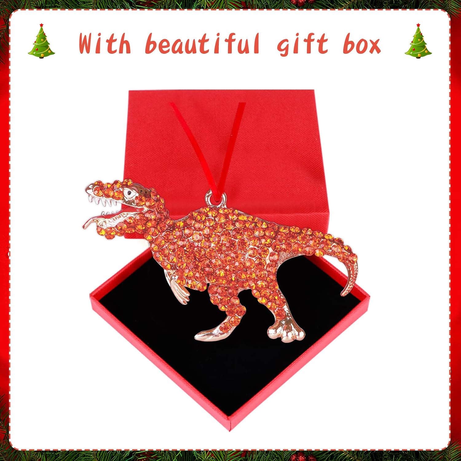 WaaHome Adornos de Navidad de dinosaurio de metal, adornos de recuerdo de dinosaurio naranja para decoraciones de árbol de Navidad, decoración de
