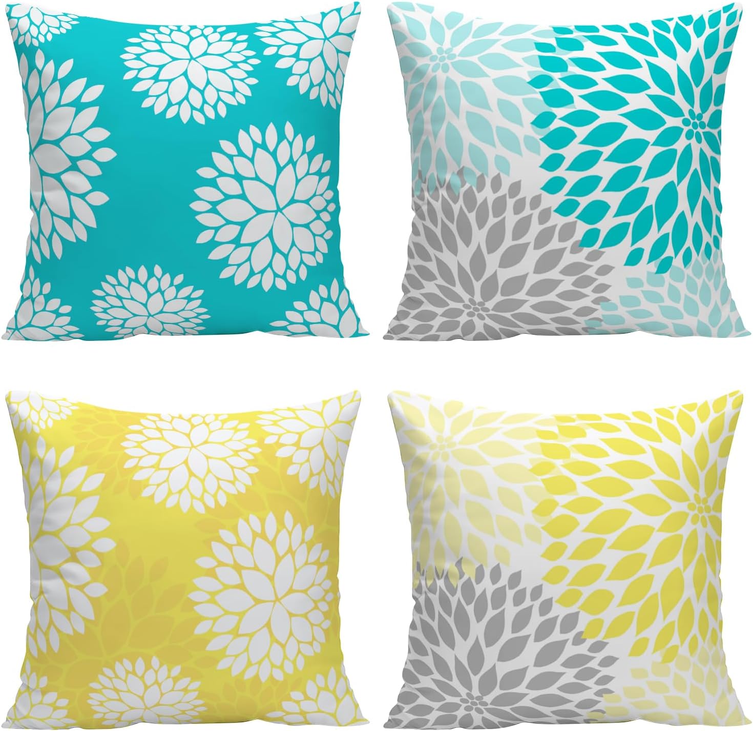 LALILO Juego de 4 fundas de almohada decorativas de color amarillo y verde azulado de 18 x 18 pulgadas, fundas de almohada suaves de verano con