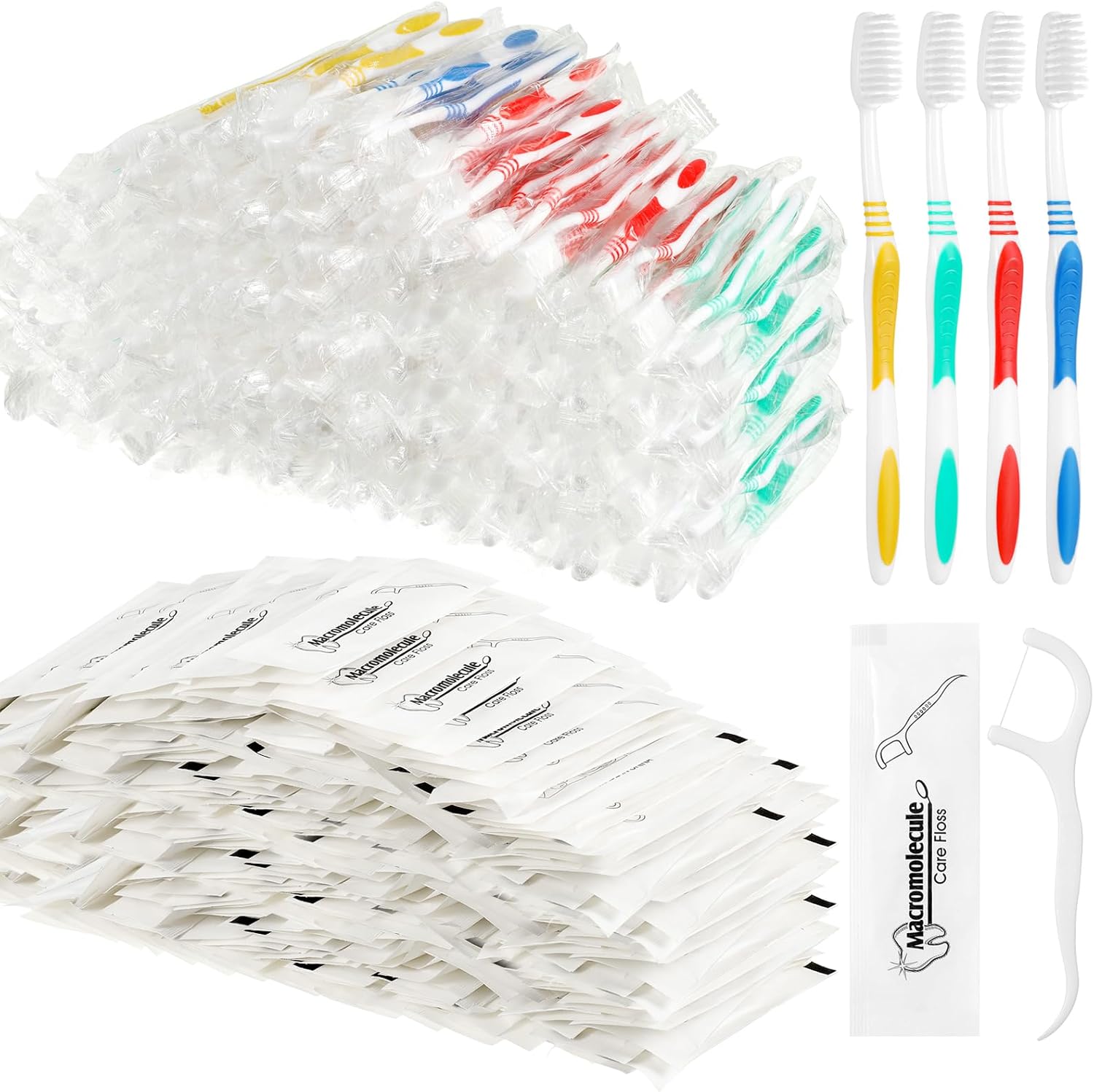 Mifoci Juego de 300 cepillos de dientes envueltos individualmente a granel con hilo dental, 100 cepillos de dientes de cerdas suaves, 200 hilos para