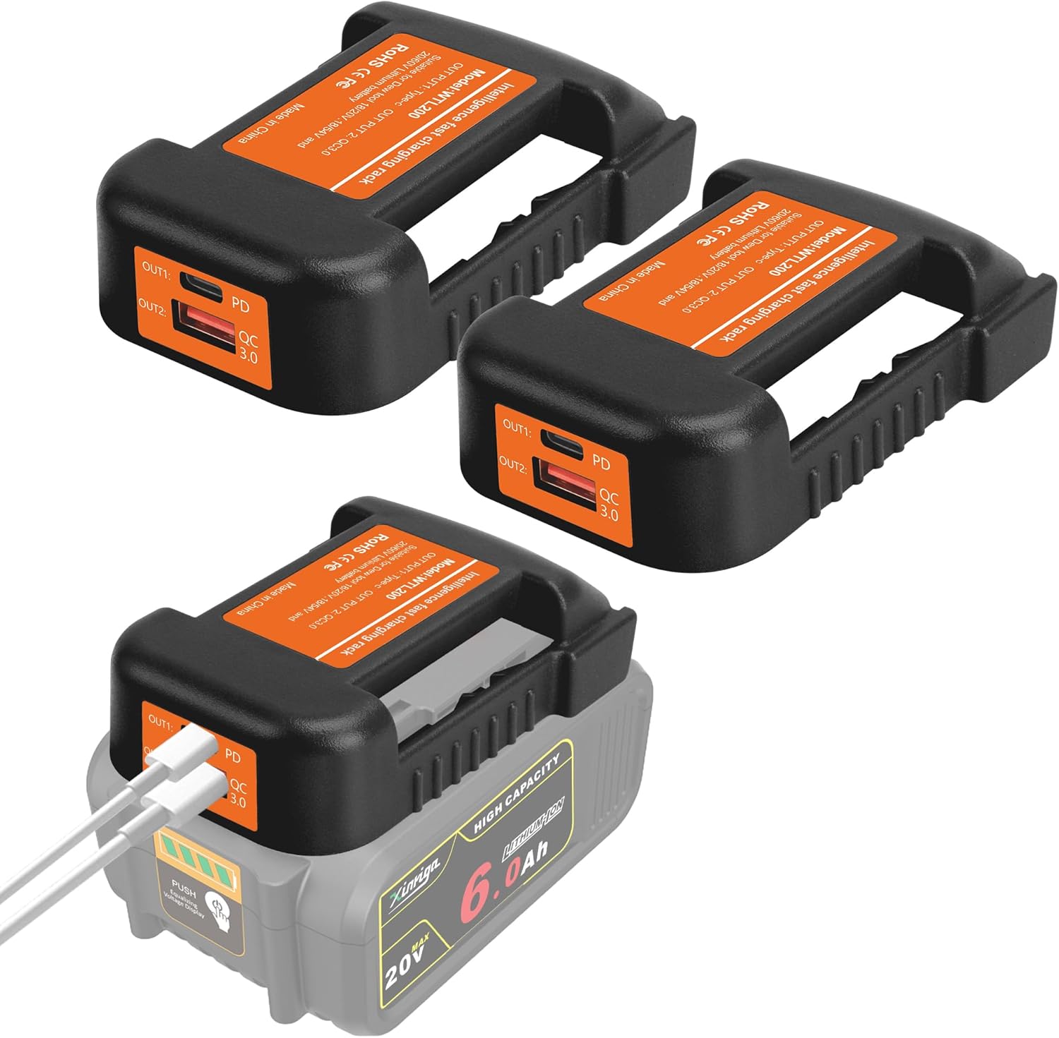 Paquete de 2 adaptadores de cargador USB negro, compatible con batería Dewalt de 20 V 60 V Max, con carga rápida tipo C y puertos USB (solo