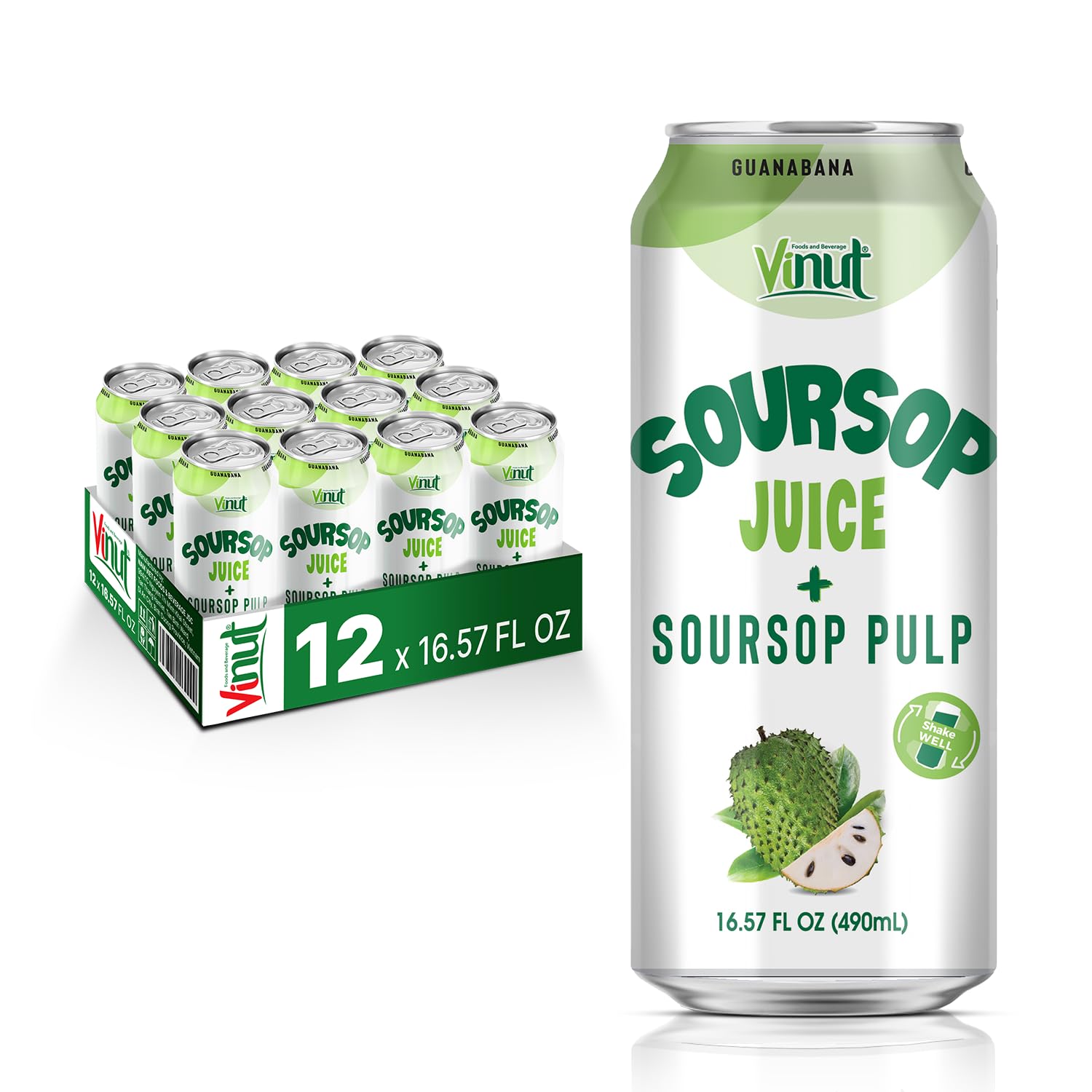 Vinut 100% jugo de guanábana con pulpa (16.57 onzas líquidas, paquete de 12), sin azúcar añadido, bebida de graviola de guanábana guanábana real,