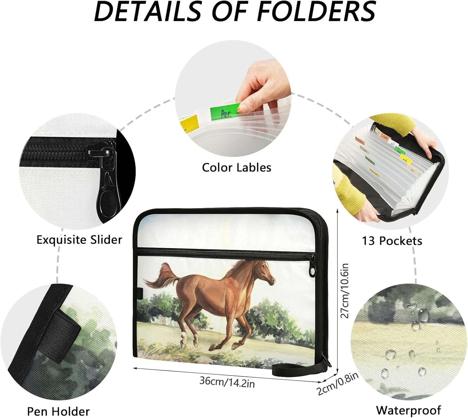 ALAZA Carpeta expandible para caballos, 13 bolsillos, organizador de documentos expandible, con cierre de cremallera, para oficina en casa, tamaño
