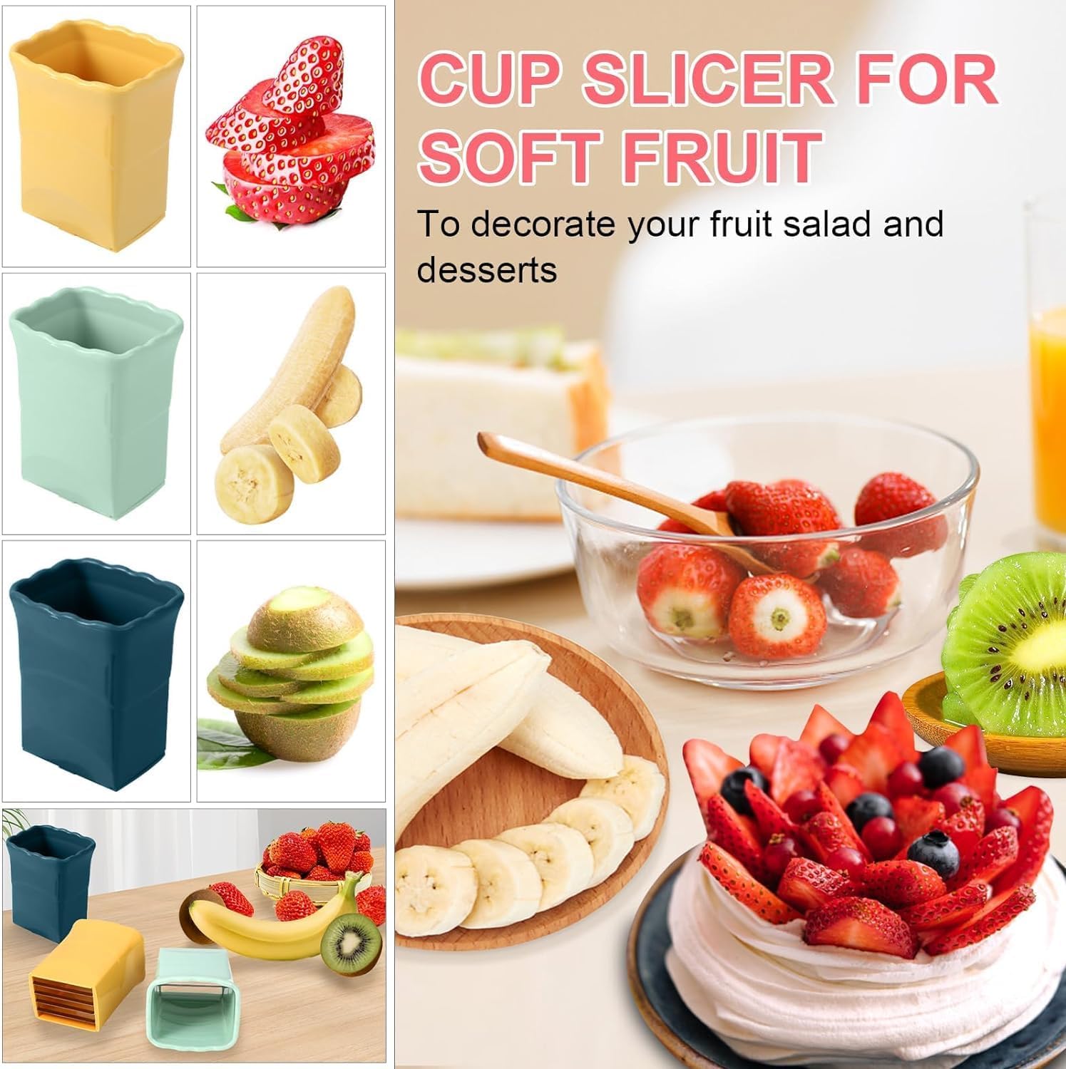 JOYSAND Paquete de 2 rebanadoras de fresas, cortador de frutas, cortador de huevos, cortador de tazas, taza de acero inoxidable para frutas suaves,