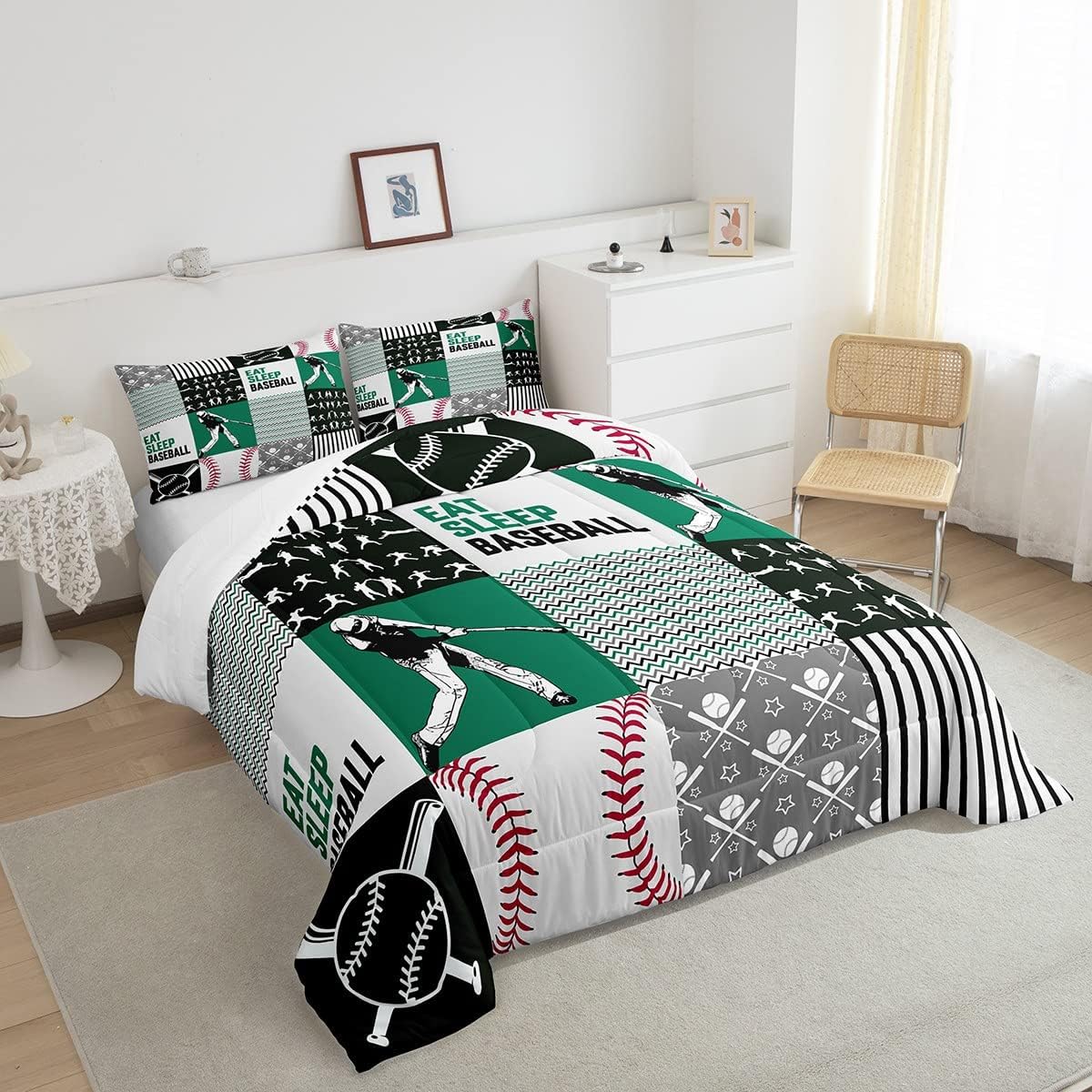 Erosebridal Ropa de cama de béisbol tamaño matrimonial, juegos de edredón de jugador de béisbol para adolescentes y adultos, edredón de retazos de