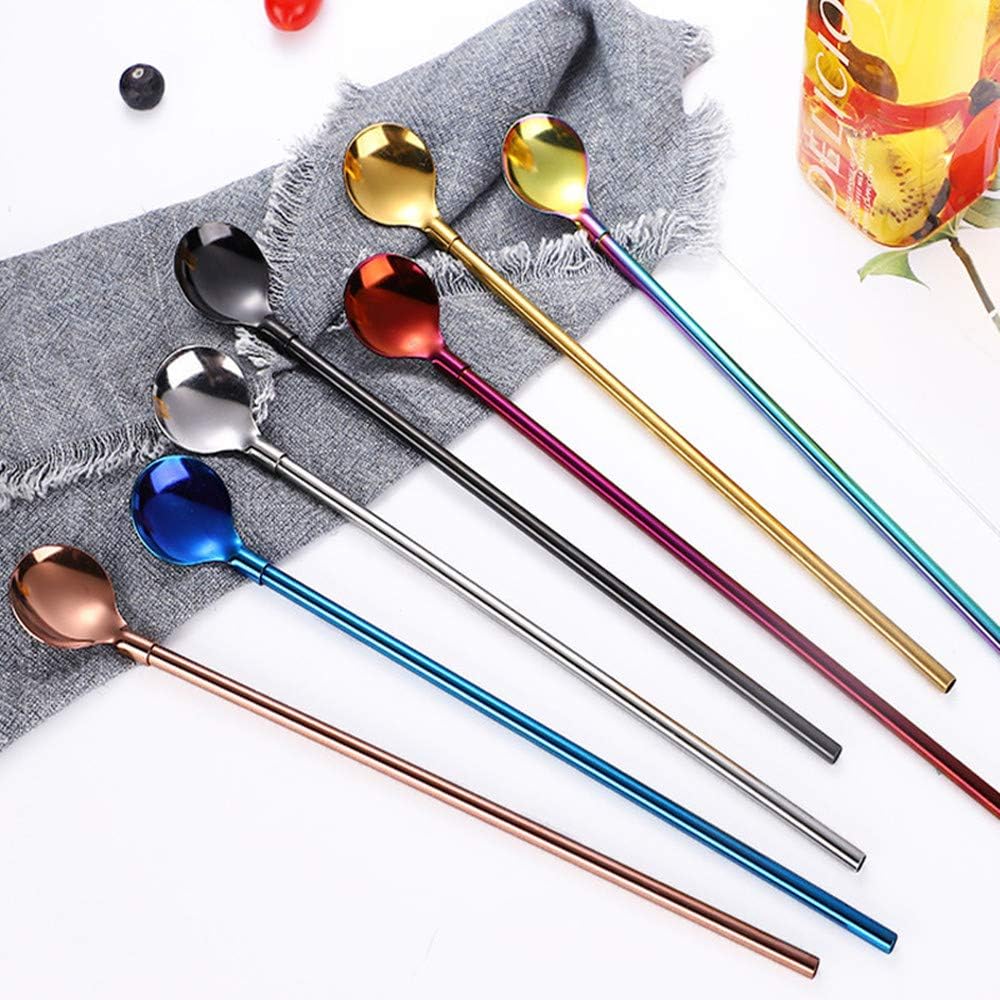 Falytemow Cucharas de acero inoxidable reutilizables, cucharas de cóctel de metal, pajitas con cepillo de limpieza largo para bebida, batidos,
