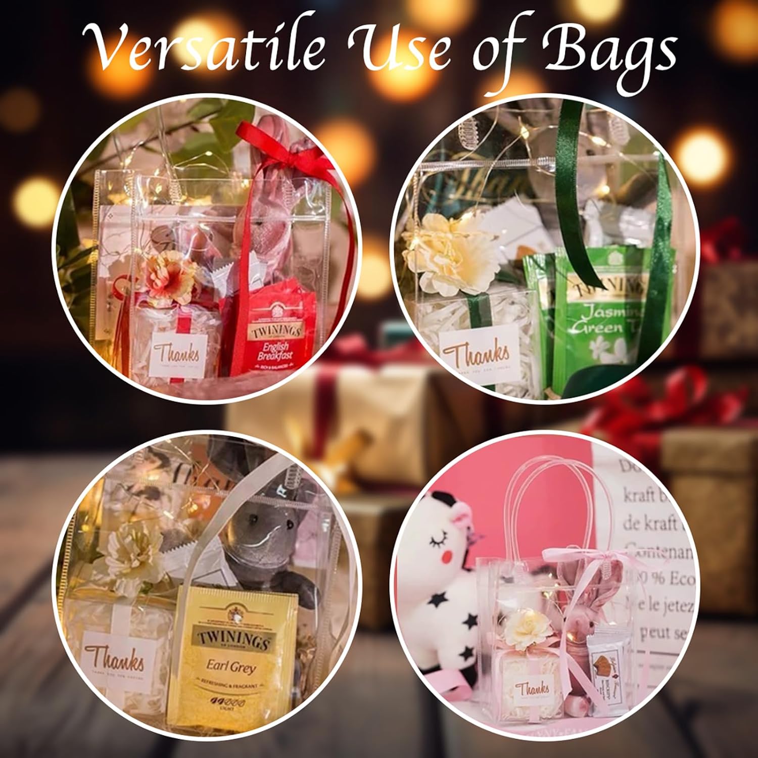 OfficeCastle Paquete de 5 bolsas de regalo medianas transparentes, 8 x 3.1 x 8 pulgadas, bolsas transparentes con asas, bolsas de compras