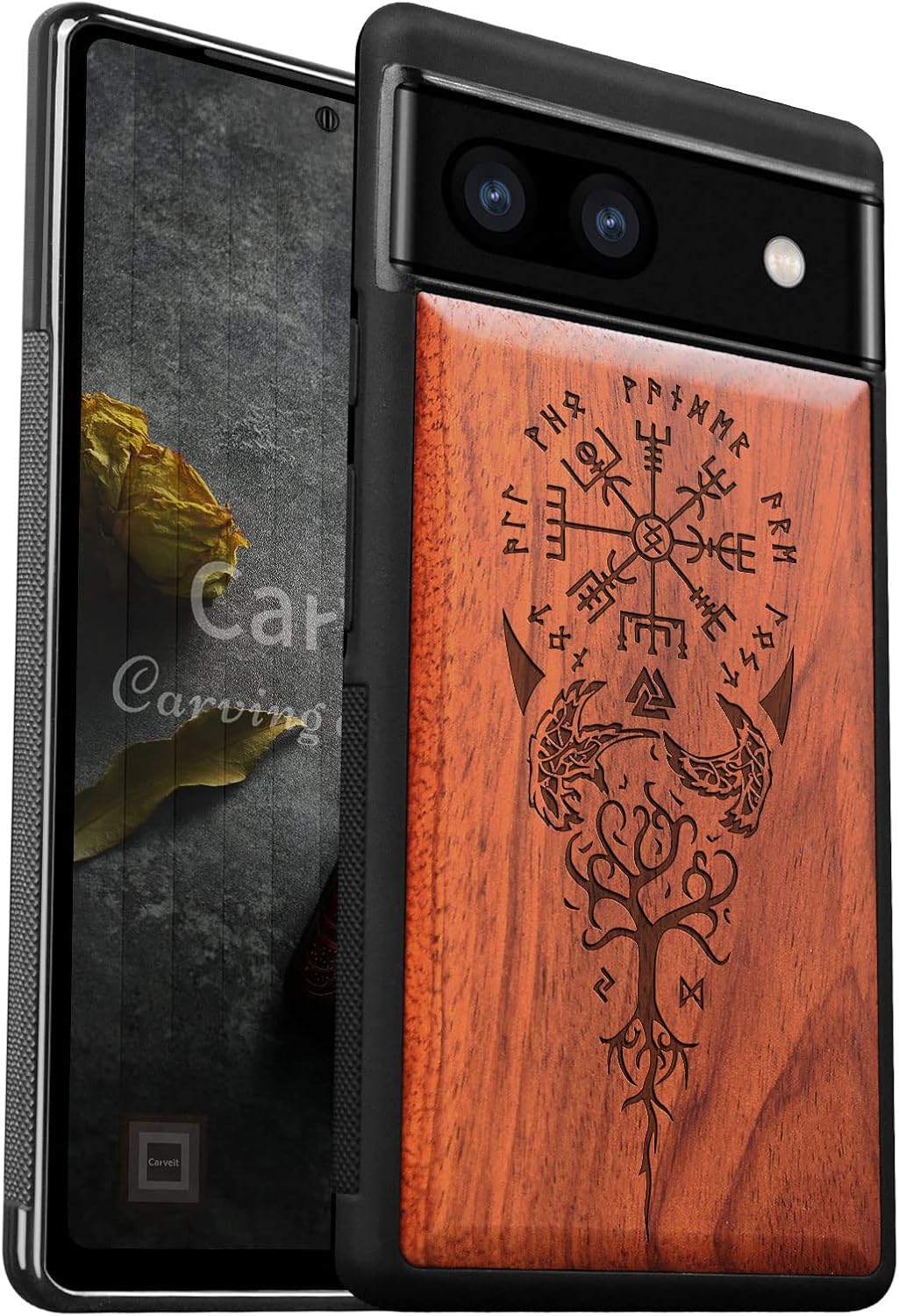 Carveit Funda de madera para Pixel 6a 2022 madera natural y TPU suave negro a prueba de golpes, funda de madera única y elegante compatible con