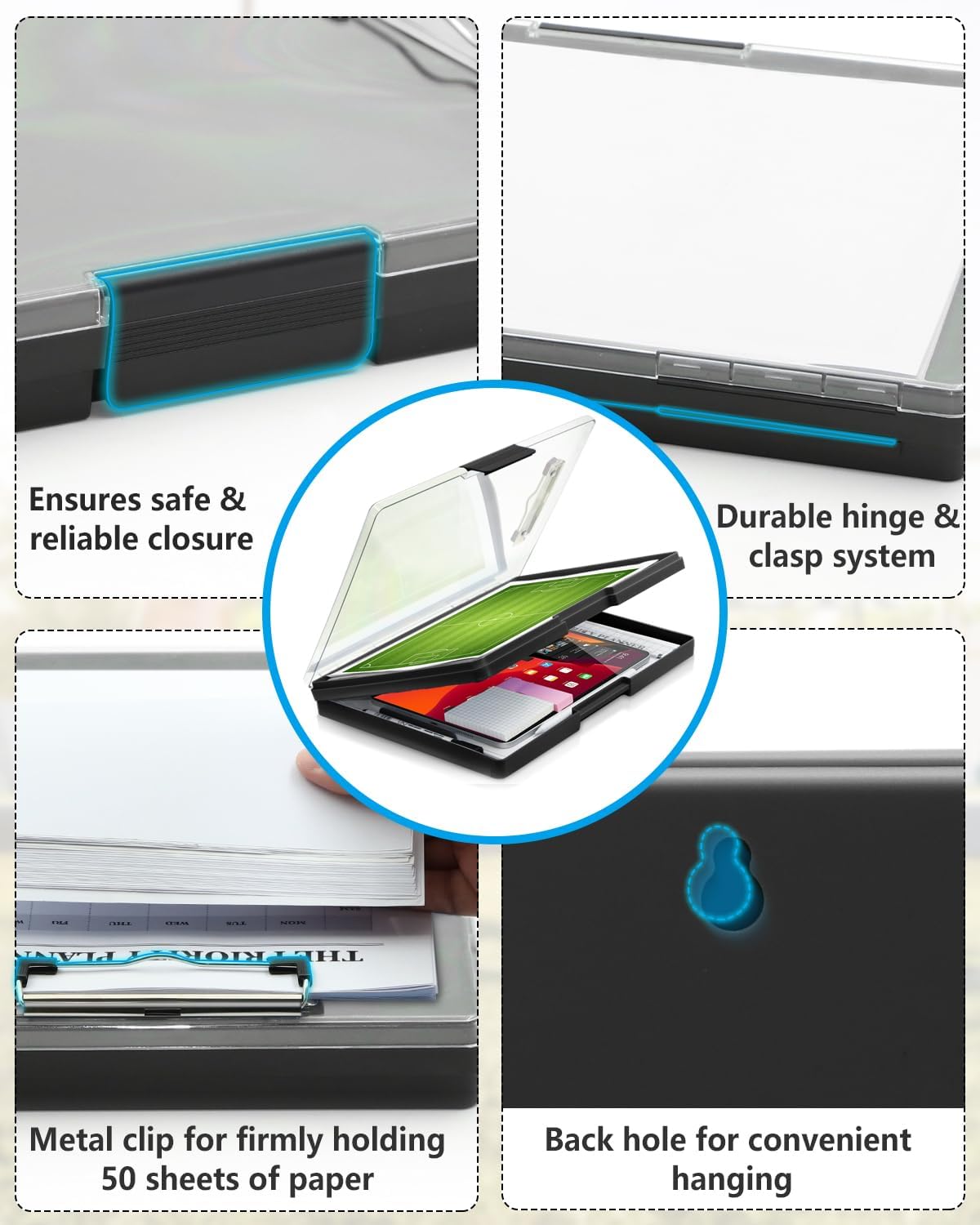 Clearview – Portapapeles con 2 almacenamiento, borrado en seco de 8.5 x 11 pulgadas, resistente portapapeles de alta capacidad con soporte para