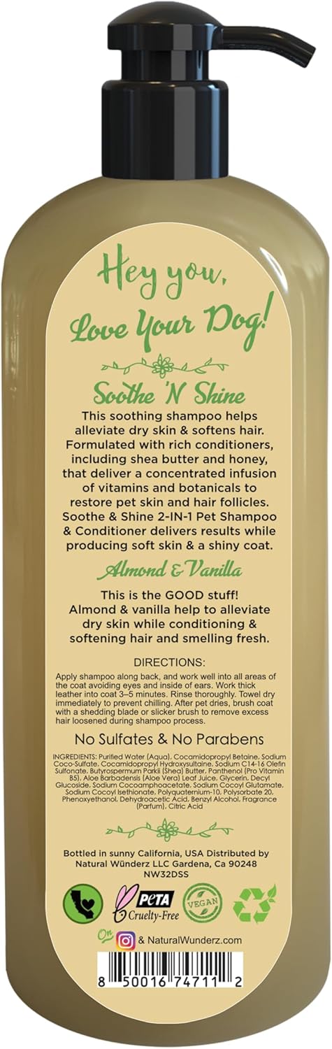 Soothe N’ Shine – Champú y acondicionador para mascotas, sin desprendimiento 2 en 1, almendra y vainilla, alivia la picazón y la piel seca,