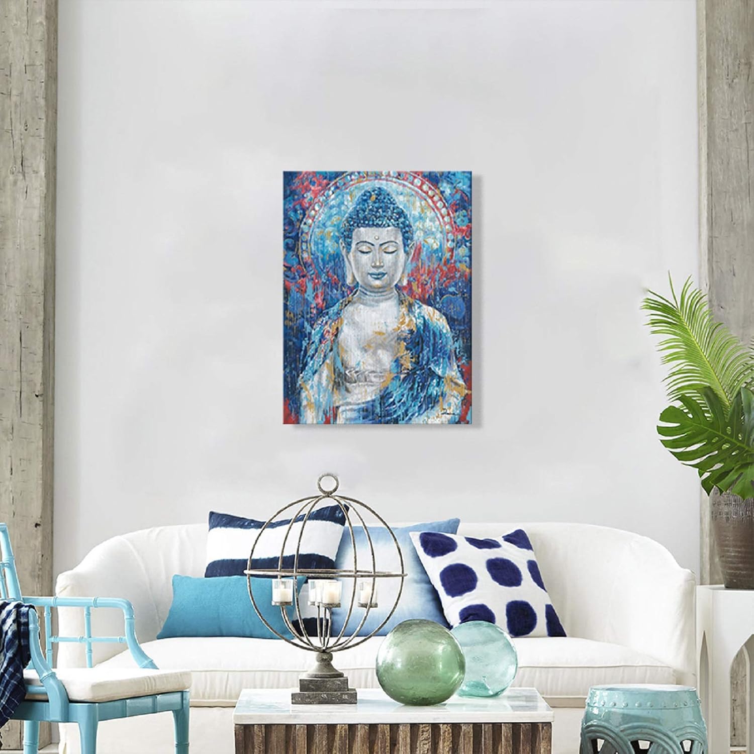 ATELIYISHU Lienzo artístico de Buda para pared de sala de estar, arte de pared de Buda zen, impresiones de Buda verde azulado sobre lienzo giclée,