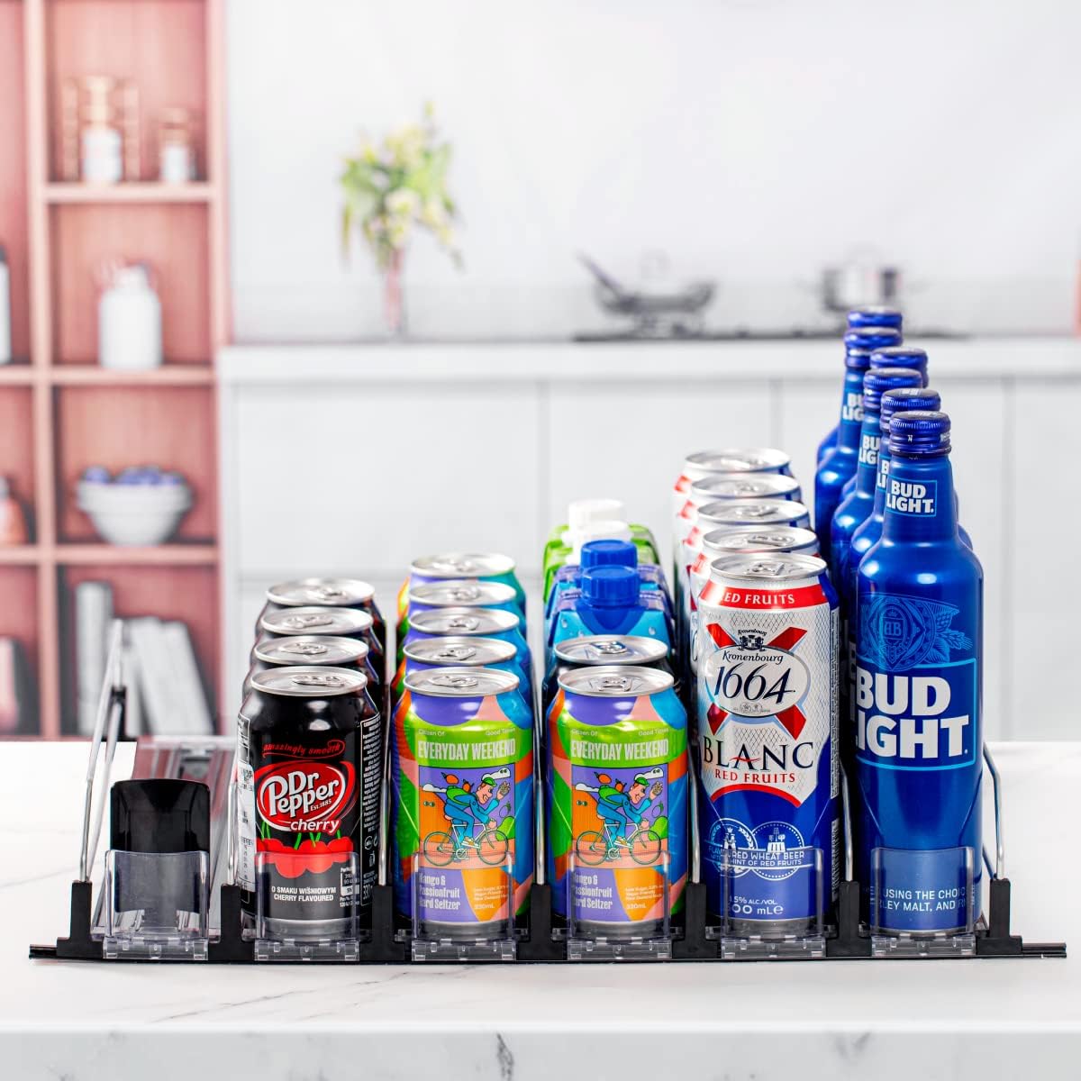 RULA Organizador de bebidas para refrigerador, dispensador de latas de soda autoempujable para refrigerador, ancho ajustable, empujador de botella