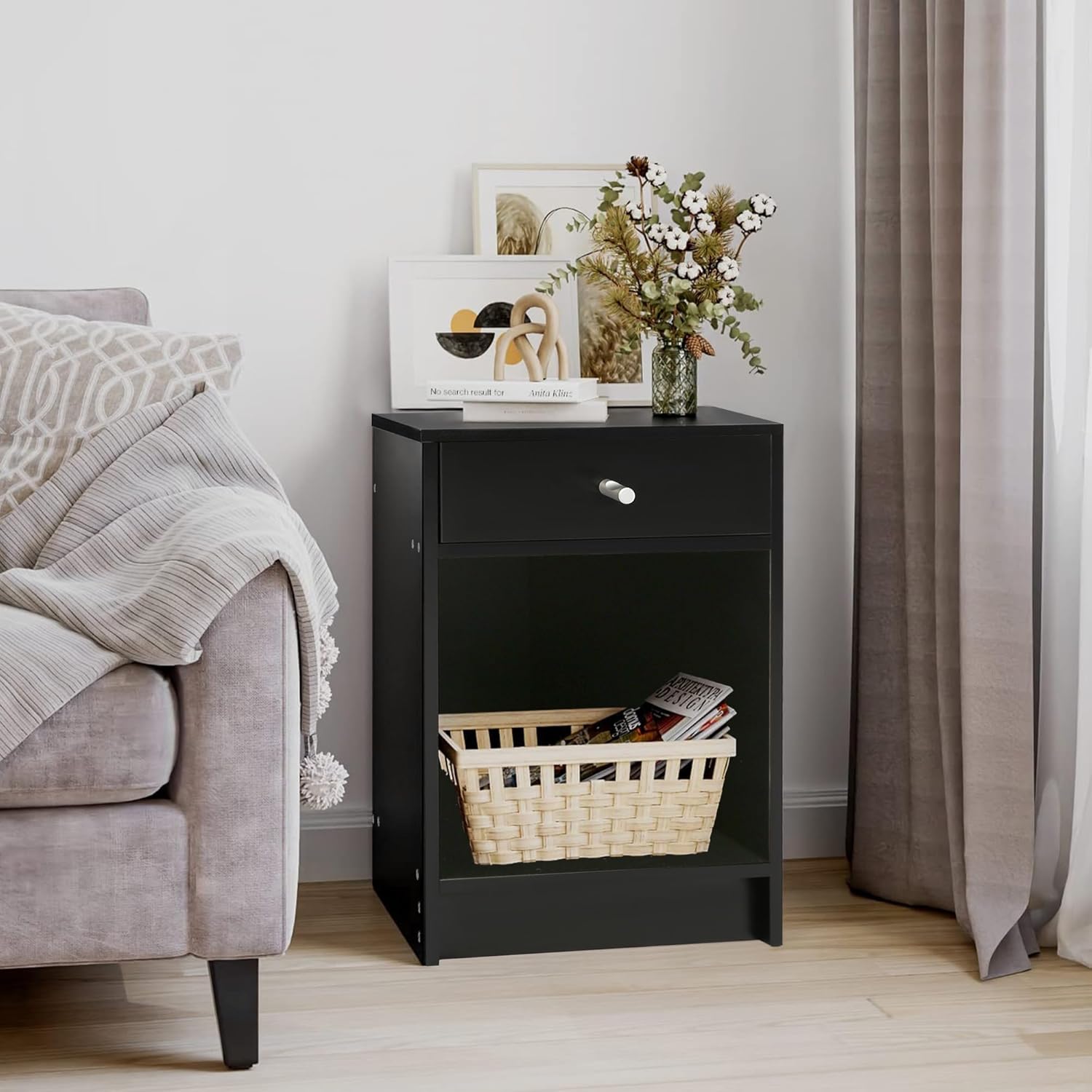 Juego de 2 mesitas de noche pequeñas, color negro, mesa auxiliar con cajones, estilo moderno, 16 pulgadas