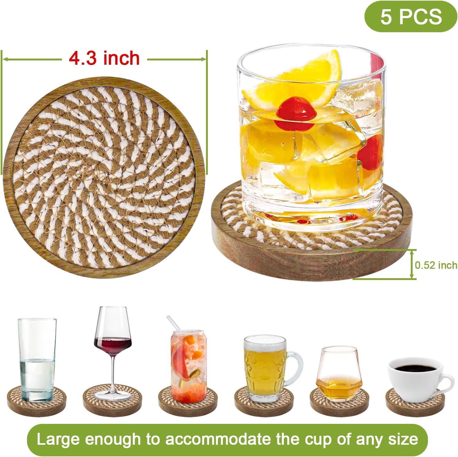 Eykao Paquete de 5 posavasos absorbentes para bebidas, posavasos tejidos de 4.3 pulgadas para mesas de café, posavasos de madera para protección de