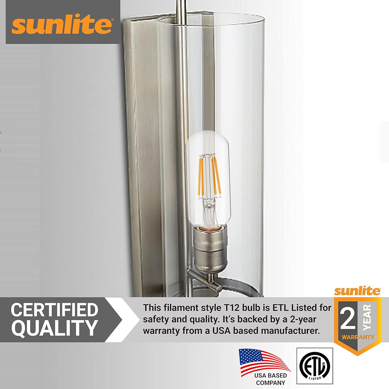 Sunlite 80892 – Bombilla tubular de filamento LED T12, 3 vatios (equivalente a 40 W), 350 lúmenes, certificación ETL, 3.53 pulgadas, base E26 media,