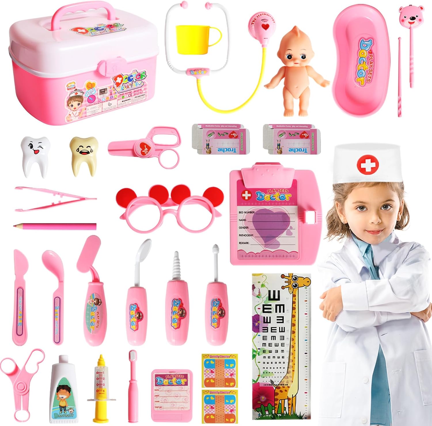 Kit de médico para niños, 40 piezas de juguetes de simulación, juego de médico rosa para niños con disfraz de médico, regalo de juego de doctor para