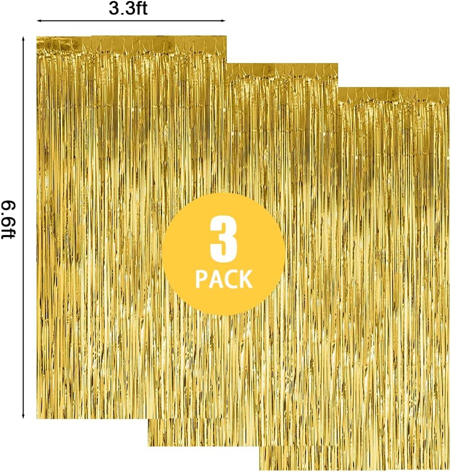Paquete de 3 cortinas de flecos de papel de aluminio dorado de 3.3 x 6.6 pies, cortinas de fondo para decoraciones de fiesta doradas, bodas,