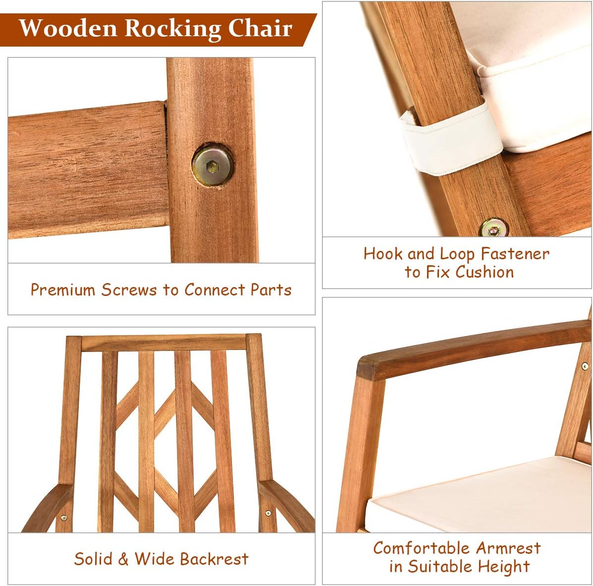 RELAX4LIFE Mecedora de madera para exteriores  Mecedora de patio de gran tamaño con respaldo alto, reposabrazos largo, cojín suave extraíble,
