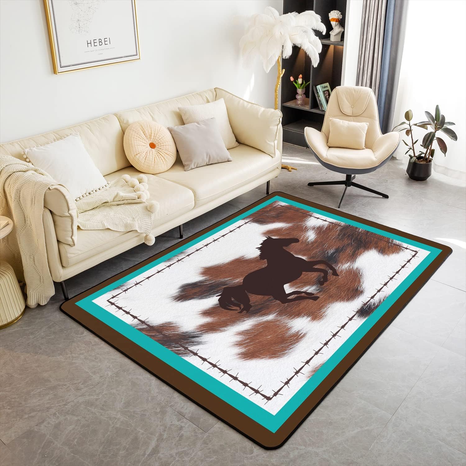 Alfombra de caballo de 5 x 7 pulgadas, alfombra de piel de vaca con estampado de granja occidental para sala de estar, dormitorio, color verde