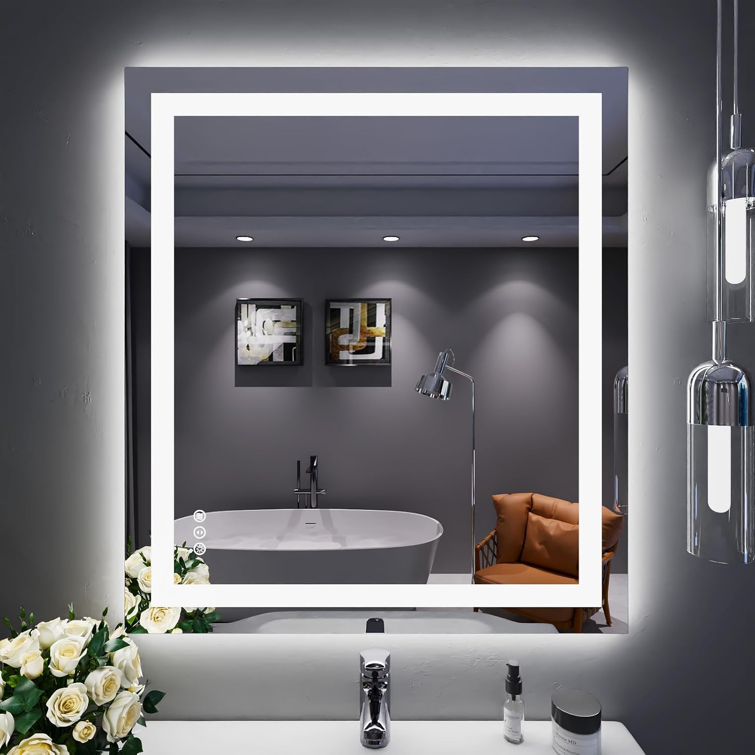 LOAAO Espejo de baño LED de 32 x 36 pulgadas con luces, antiniebla, regulable, retroiluminado + iluminado frontal, espejo de tocador de baño