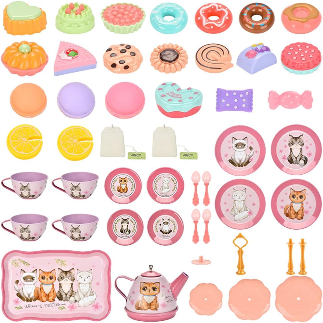 Flormoon Juego de té para niña, juego de té de princesa de 50 piezas, juguete de cocina de simulación, juguete de aprendizaje de formas y colores