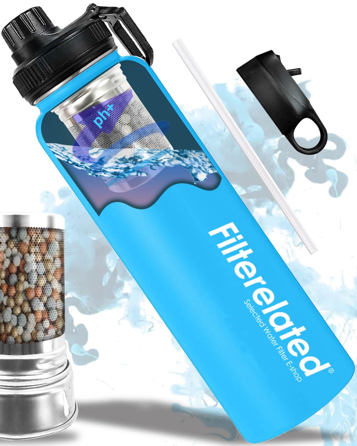 Botella de agua con filtro alcalino portátil de acero inoxidable de 30 onzas, crea hasta 9 ph de agua de calidad, botella de agua de viaje