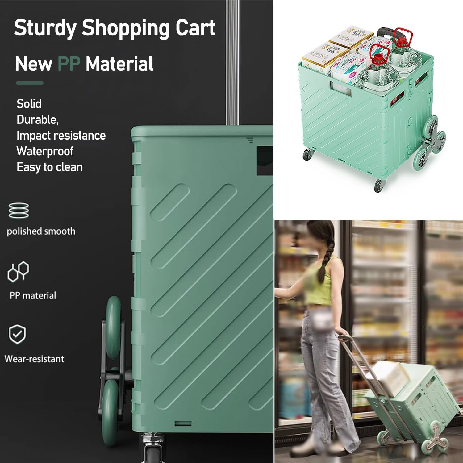 Carrito plegable portátil de 75 litros con ruedas para escalar, caja plegable con ruedas y asa, carrito de compras para subir escaleras, para