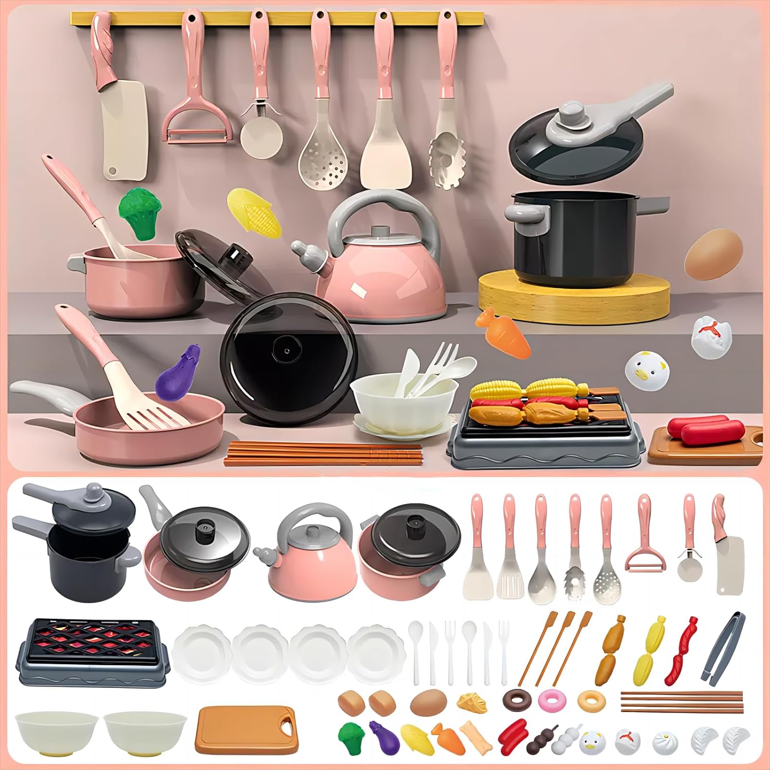 Juego de 61 accesorios de cocina para niños, juego de cocina para niños pequeños con ollas y sartenes, utensilios de cocina, juguetes de corte,
