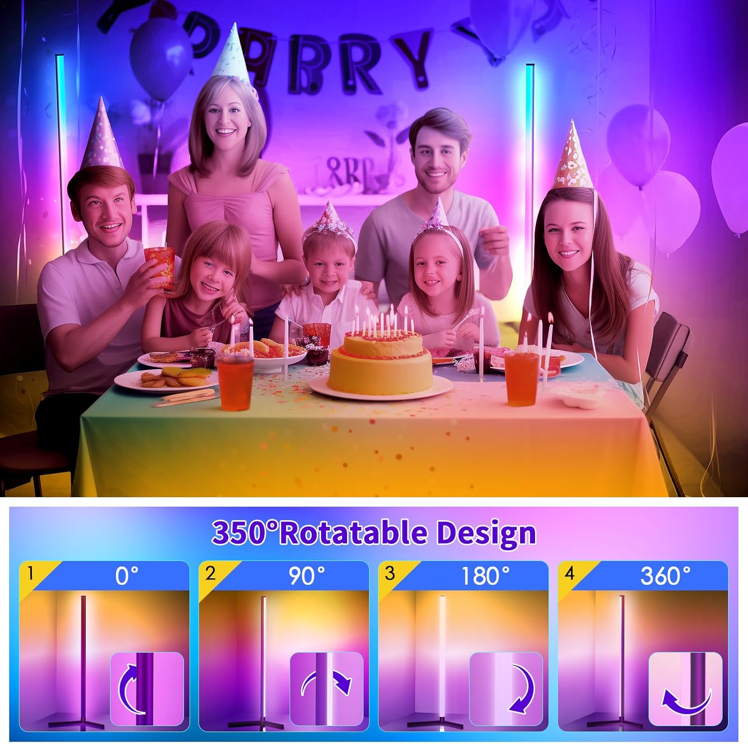 Lámpara de pie de esquina giratoria Regulable que cambia de color, lámparas de esquina de pie LED Smart App Control Iluminación RGB lámpara de
