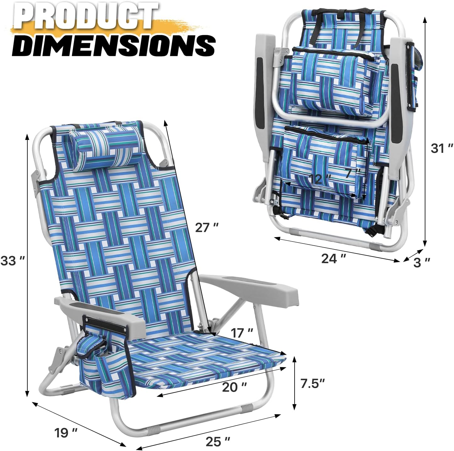 MoNiBloom Asiento de perfil bajo, ligero, portátil, plegable, silla de playa con soporte para tazas, bolsa enfriadora, resistente al aire libre,