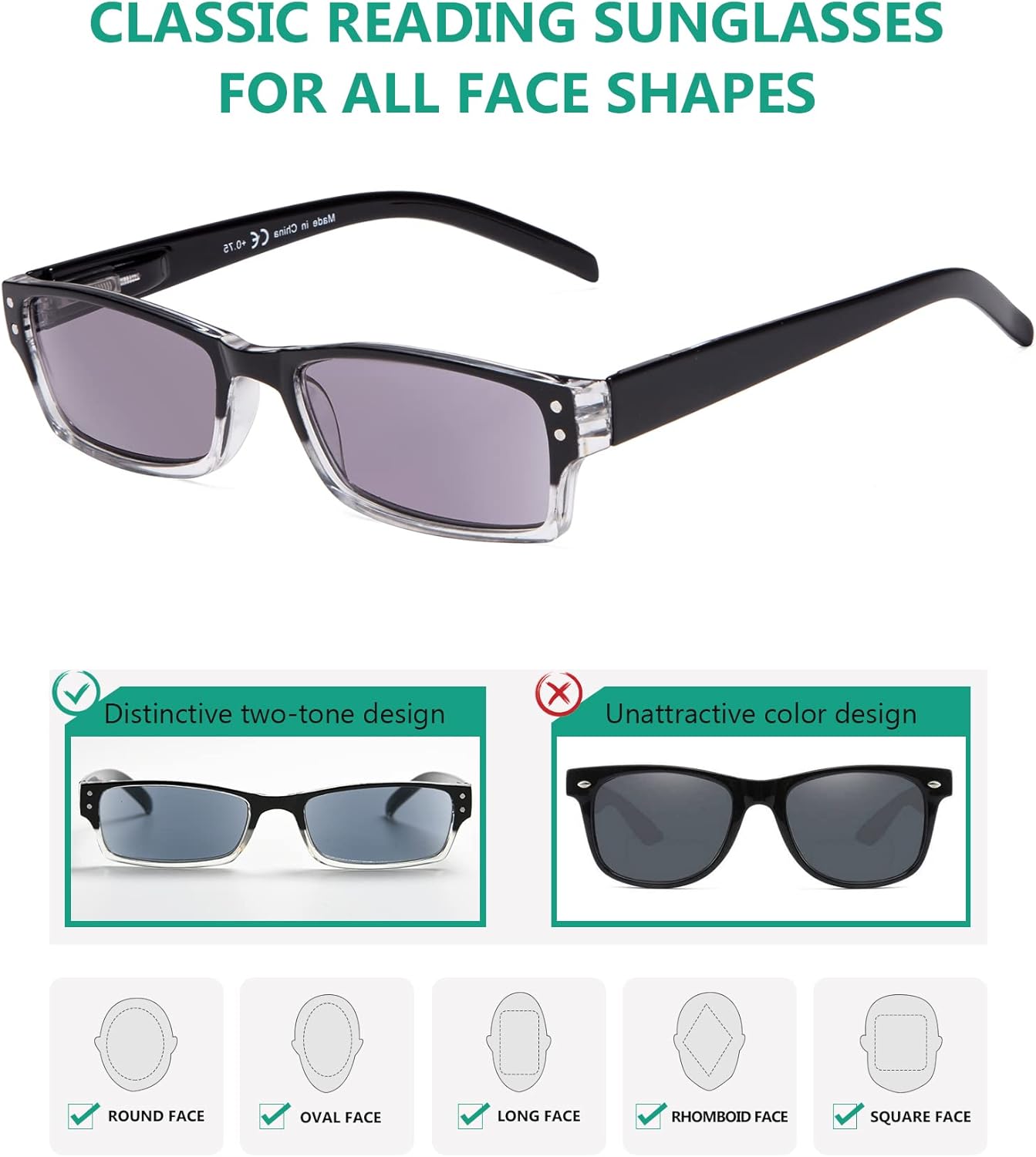 Eyekepper Paquete de 4 lentes de sol clásicos de lectura para mujeres y hombres, lentes grises de dos tonos +2.00