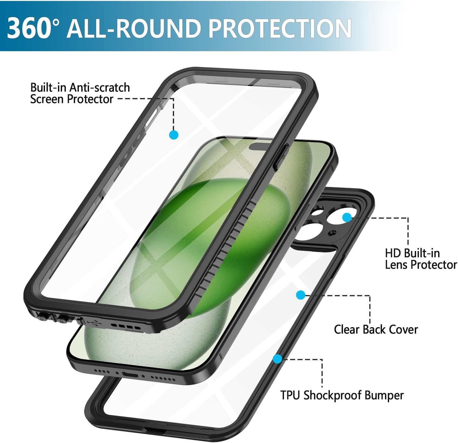 Diverbox Funda para iPhone 15 de 10 pies resistente al agua a prueba de golpes a prueba de caídas a prueba de caídas a prueba de polvo protector de
