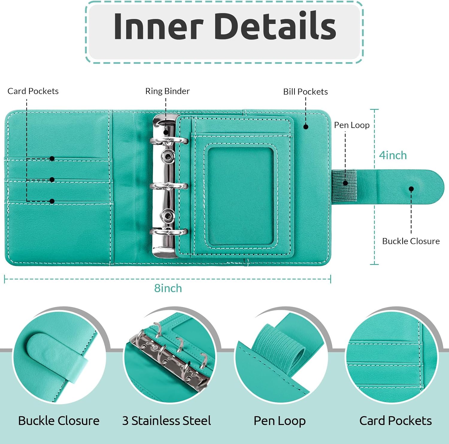 Zuozee Funda pequeña para carpeta de presupuesto, cartera A8 PU con 3 anillos de acero inoxidable, carpeta pequeña con bolsa para tarjetas y lazo