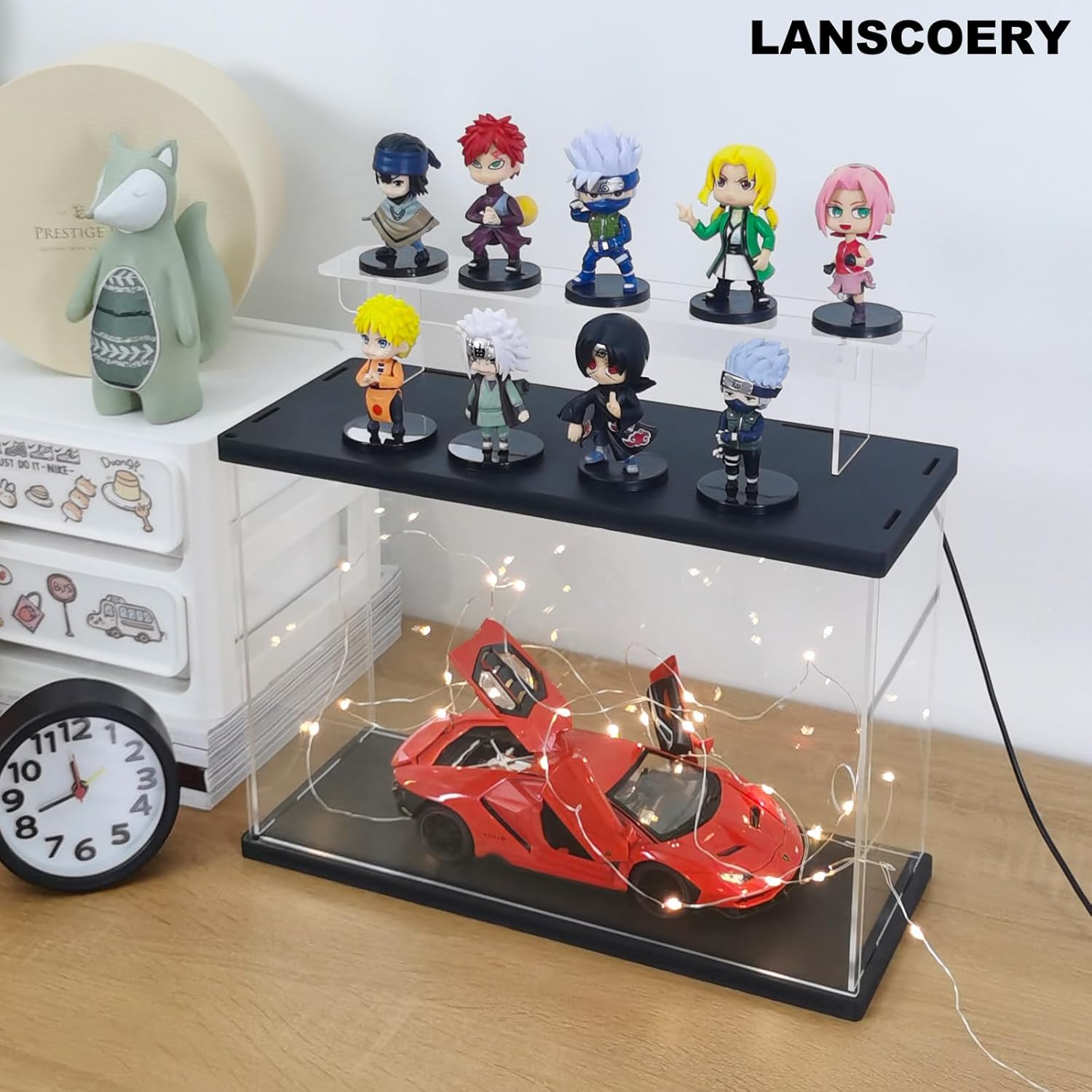 LANSCOERY Vitrina de acrílico transparente con luz, soporte de 2 niveles con base negra, escaparate de protección a prueba de polvo para figuras