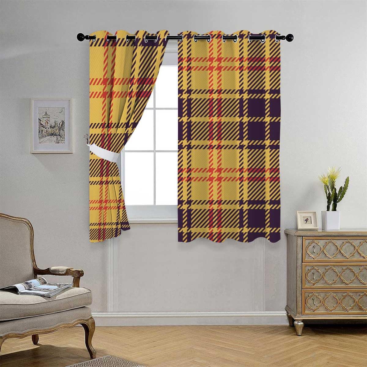 YANFENQI Cortinas para Habitacion Yellow Plaid Soundproof Blanket for Door Acoustic Blanket 55Inch Width by 55Inch Length,2 Panels
