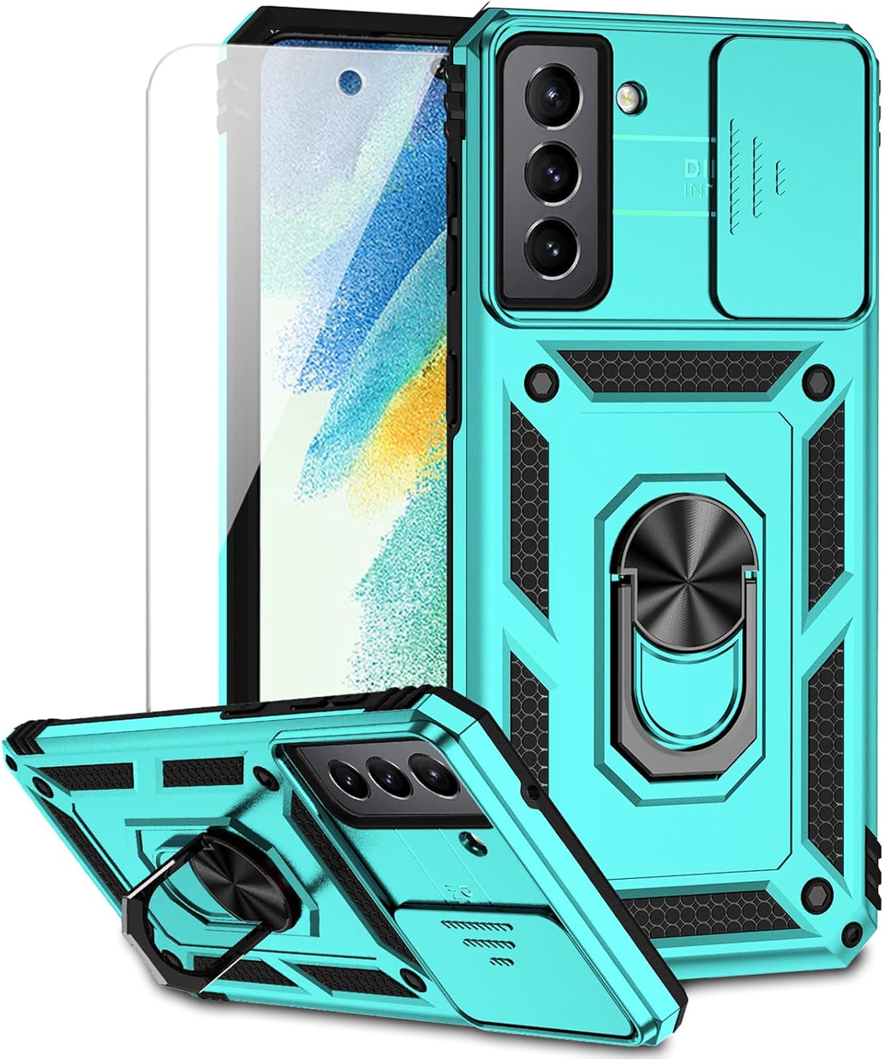 Funda para Samsung Galaxy S21 FE 5G con cubierta para lente de cámara, protector de pantalla HD, soporte de anillo magnético probado contra caídas